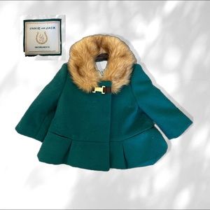 Janie And Jack Green Coat Faux Fur Caller Plum Pretty Lane Size 3-6 Months NWT